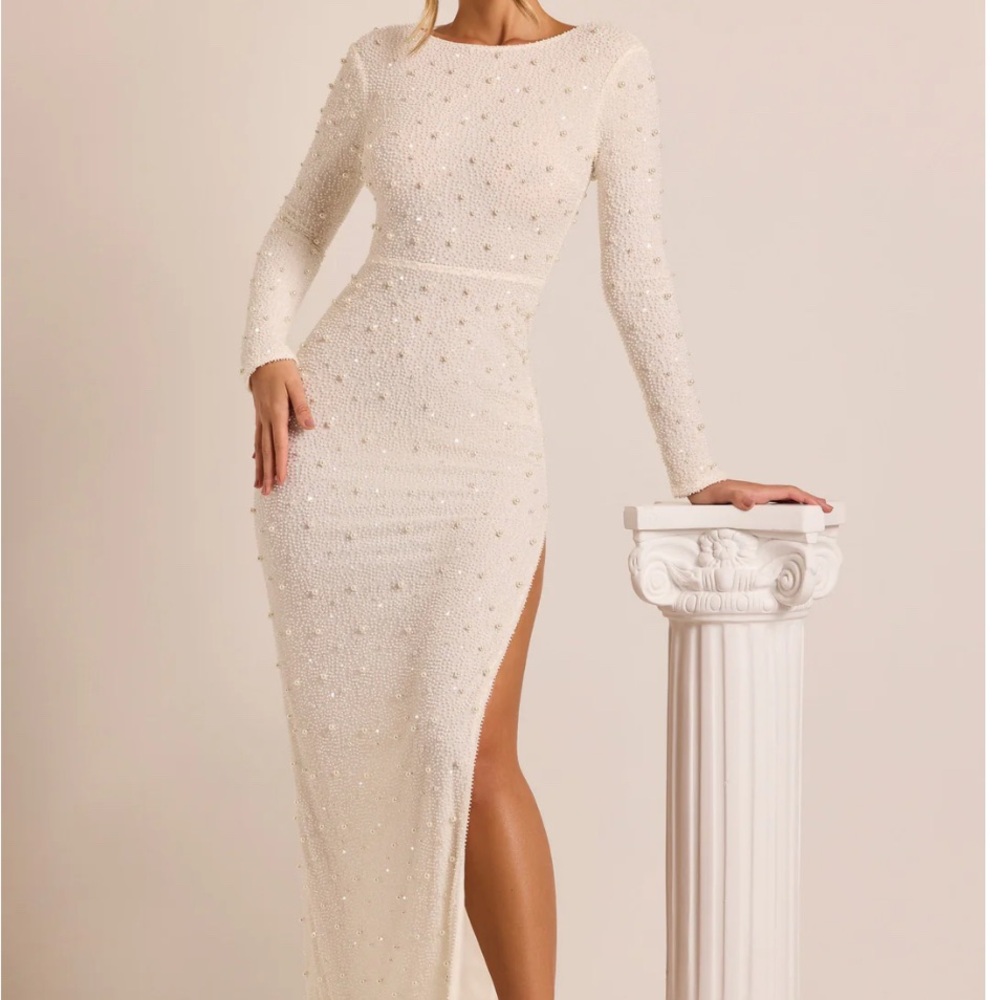 Oh Polly Cream Textured Long Sleeve Dress